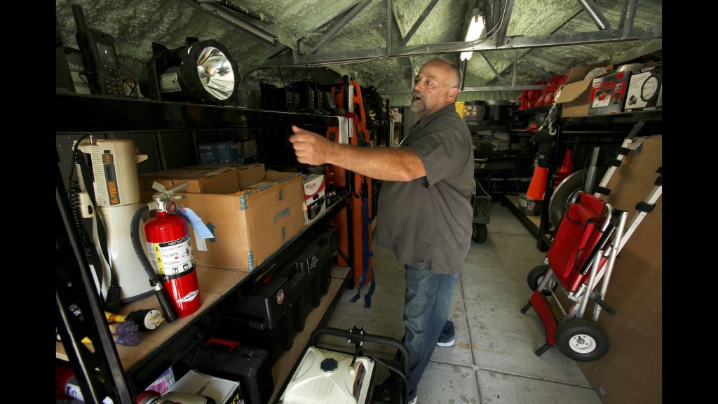 BEL AIR, CA-AUGUST 8, 2014:  Rick Cole, Operations Manager for Bel Air Crest, a neighborhood in Bel Air, who is also an Incident Commander for their Emergency Preparedness Committee, is photographed inside a storage shed filled with supplies and necessities that would be needed in case of a catastrophic earthquake.  (Mel Melcon/Los Angeles Times)