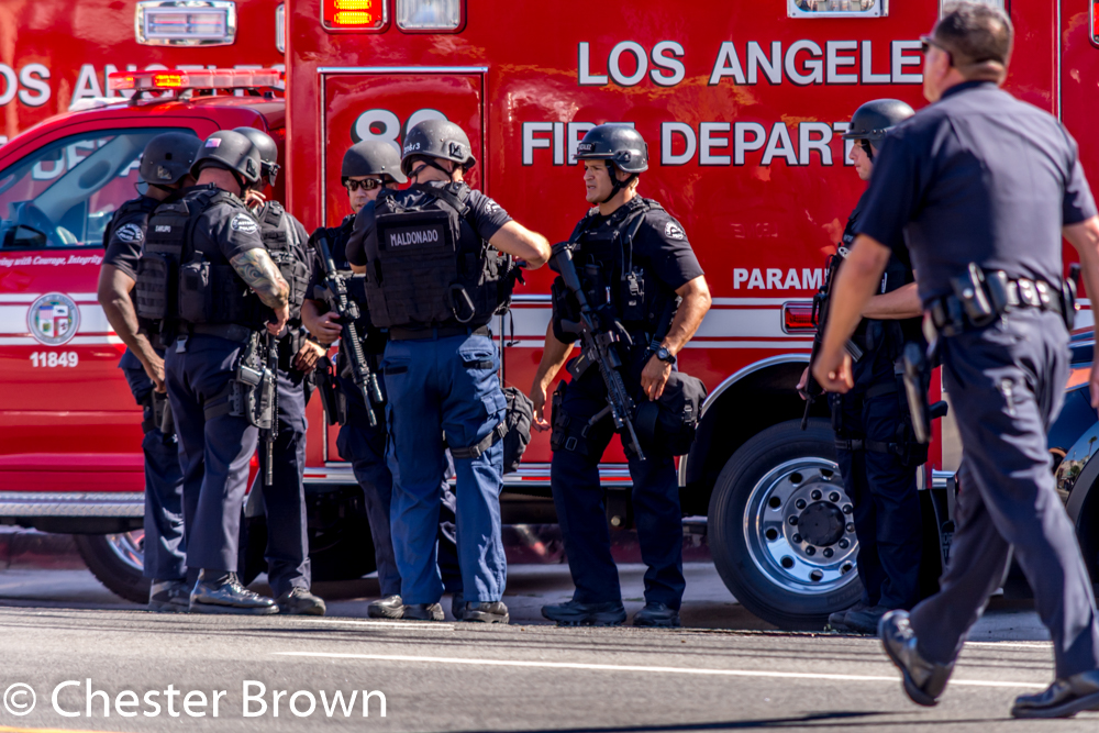 LAPD Metro officers at scene of officer involved shooting that left suspect dead. Photo by SCMA member Chester Brown, K6CRB
