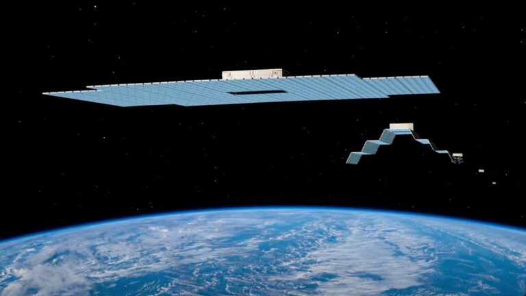 Illustration of an AST SpaceMobile satellite with a large phased-array antenna panel orbiting above Earth.