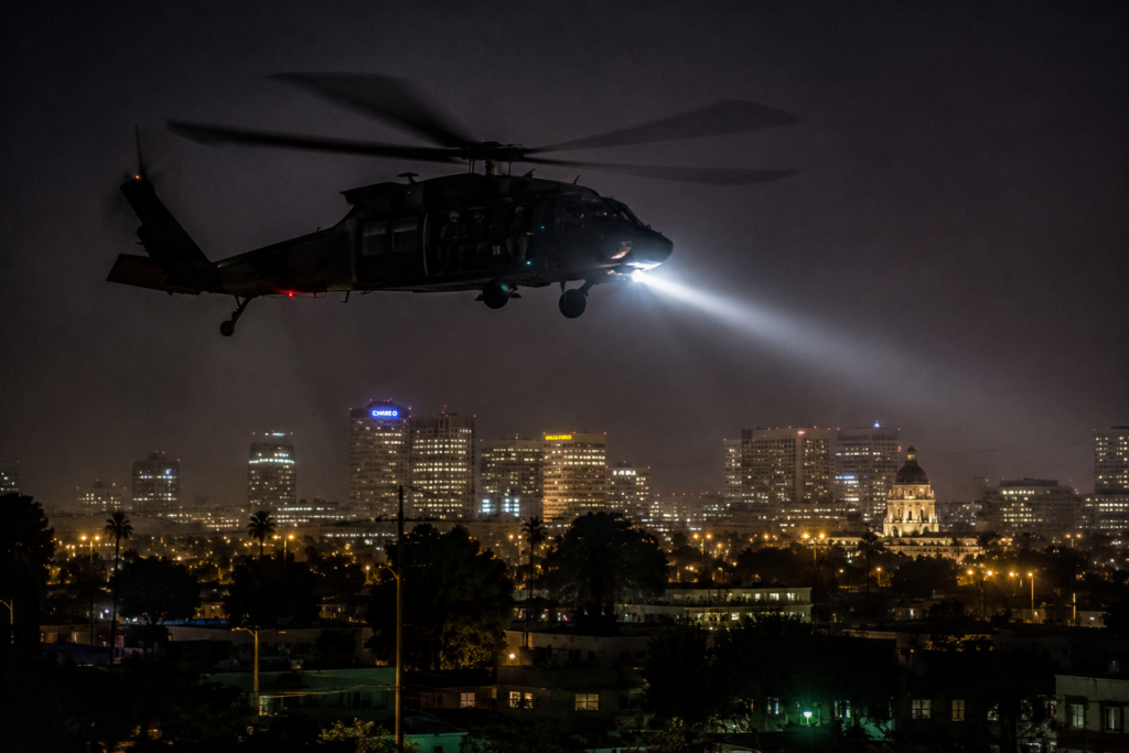 Military helicopter at night