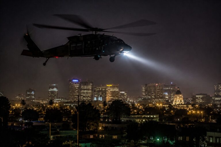 Military Helicopter Over City at Night